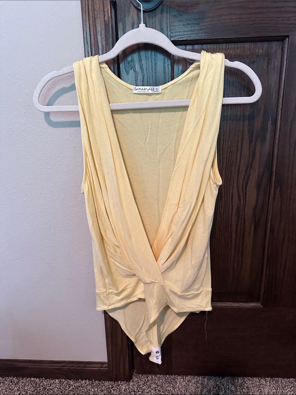 NanaMacs Pale Yellow Draped V-Neck Sleeveless Bodysuit